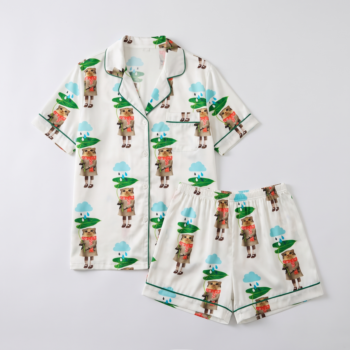 Leaf Umbrella Cats Women's Pajama Set - flat lay