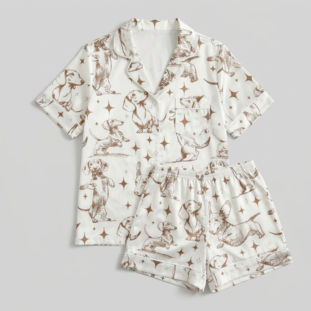 Women's long-sleeve satin pajama set with dachshunds among stars and crescent moons in brown line art on white - flat lay