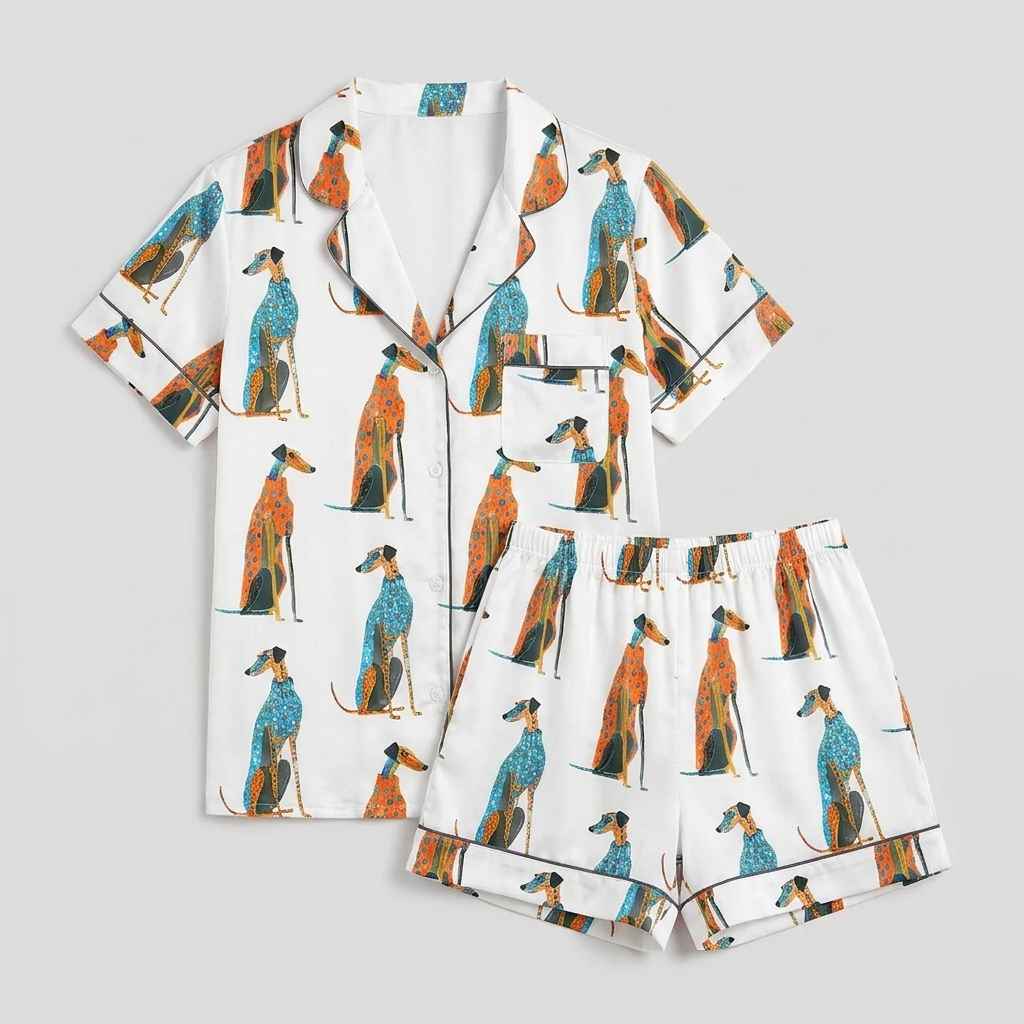 Women's long-sleeve satin pajama set with greyhounds in teal and rust patterned coats in rows on white - flat lay