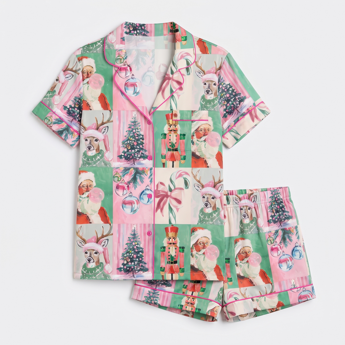 Playful Santa Patchwork Women's Pajama Set - flat lay