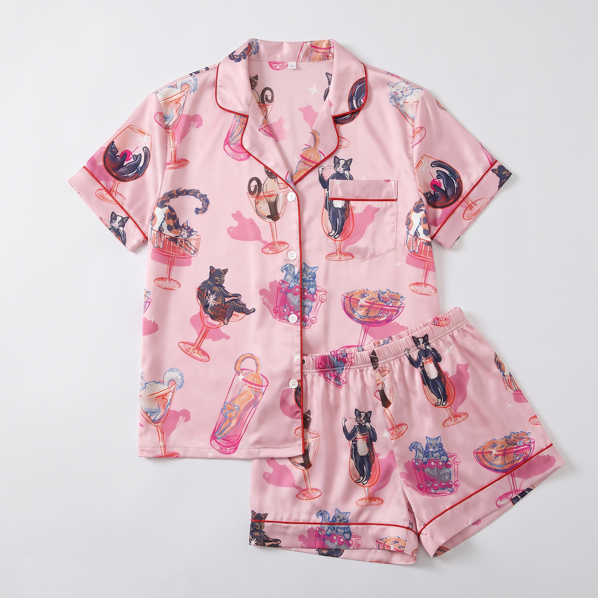 Pink Cocktail Cats Women's Pajama Set - flat lay