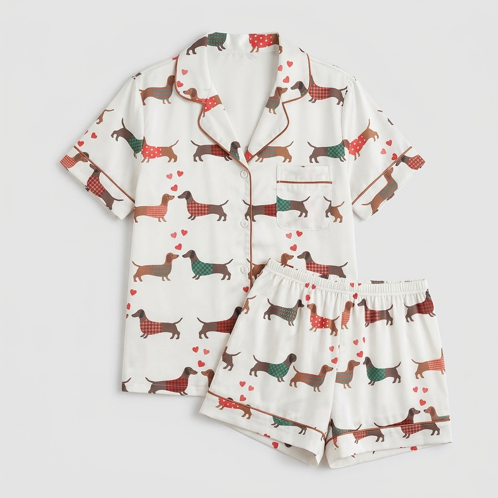 Women's satin pajama set with dachshunds in red, green and teal sweaters among tiny hearts on white - flat lay