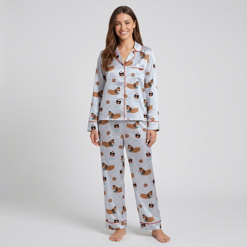 Dachshund Cookies and Cupcakes Women's Pajama Set - Blue long sleeve and pants