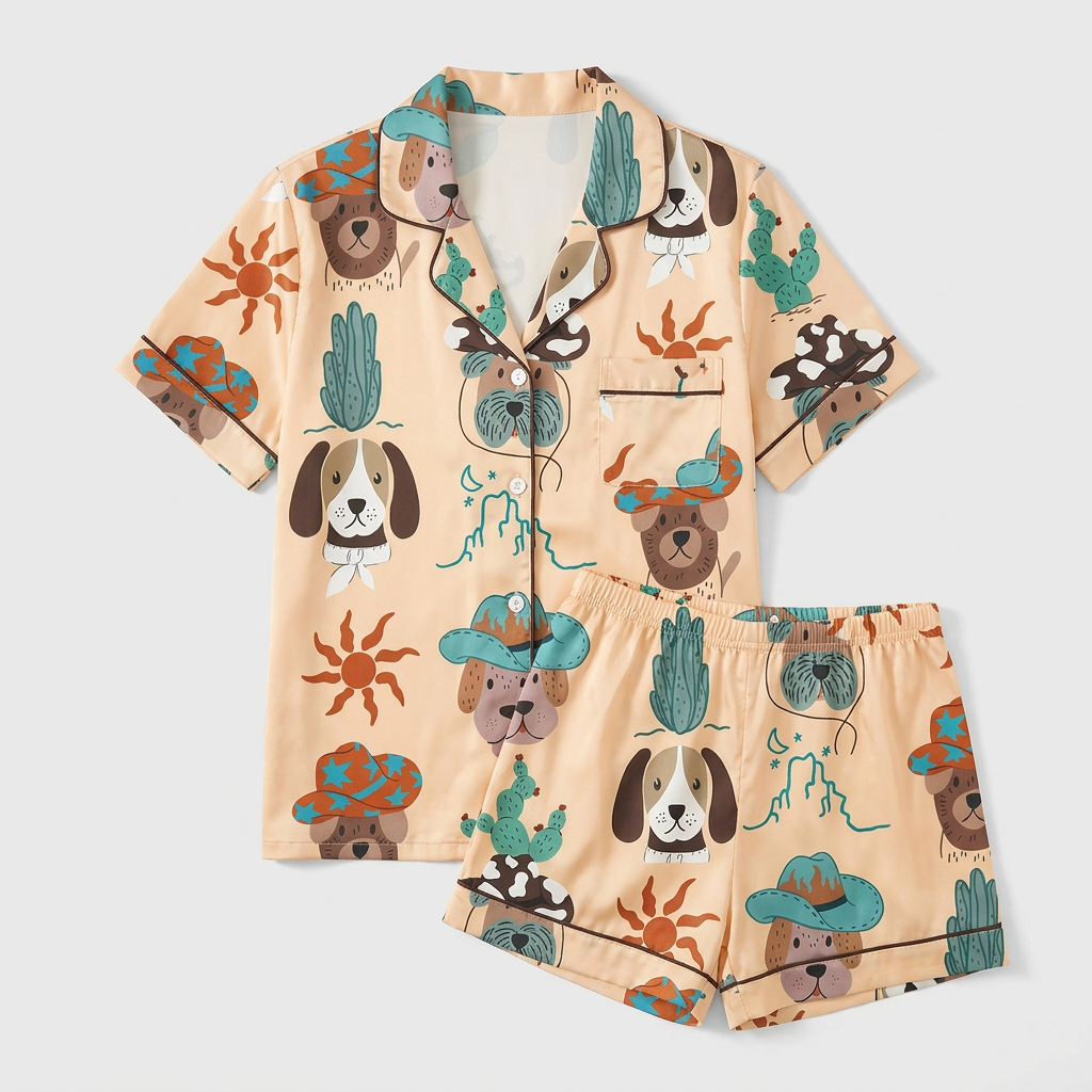 Women's satin pajama set in sand with floppy-eared pups in teal cowboy hats beside cacti and suns - flat lay