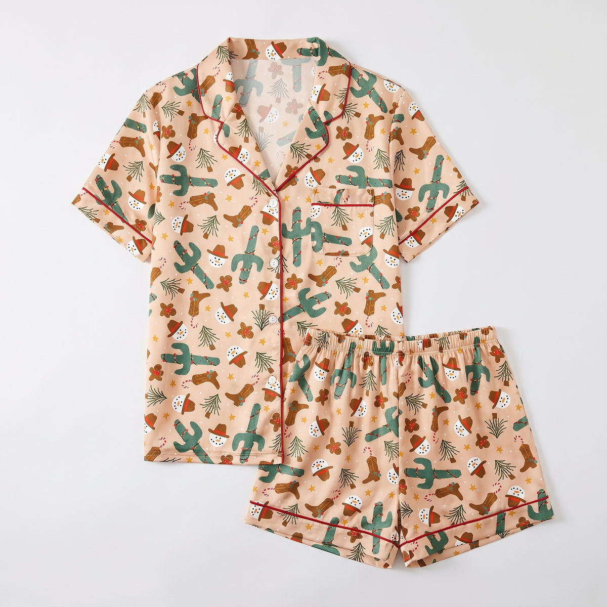 Peachy Cactus Christmas Women's Pajama Set - flat lay