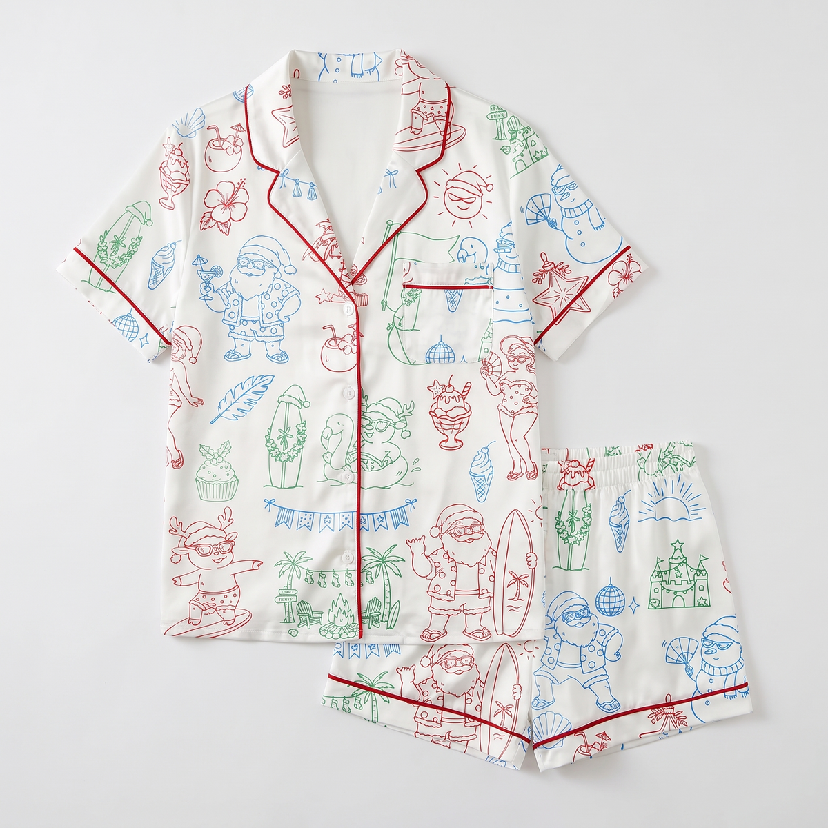 Summer Santa Beach Party Women's Pajama Set - flat lay