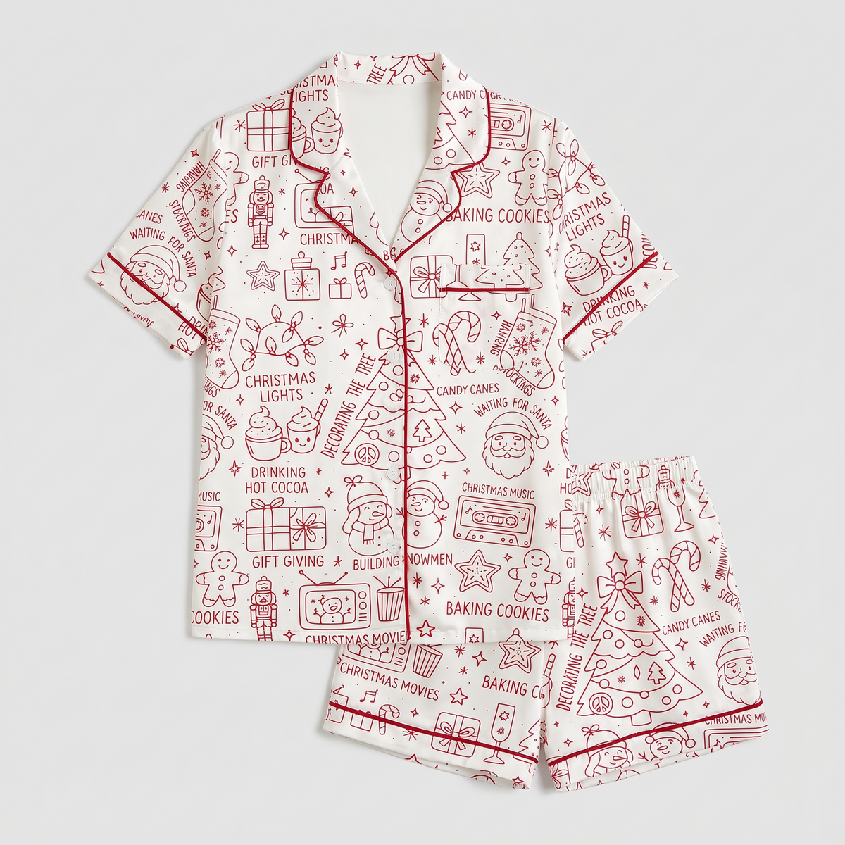 Merry Christmas Red Doodles Women's Pajama Set - flat lay