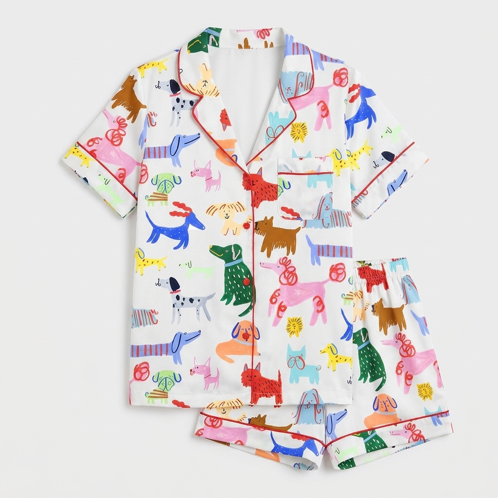 Women's long-sleeve satin pajama set with playful dogs in blue, pink, green and orange on white - flat lay