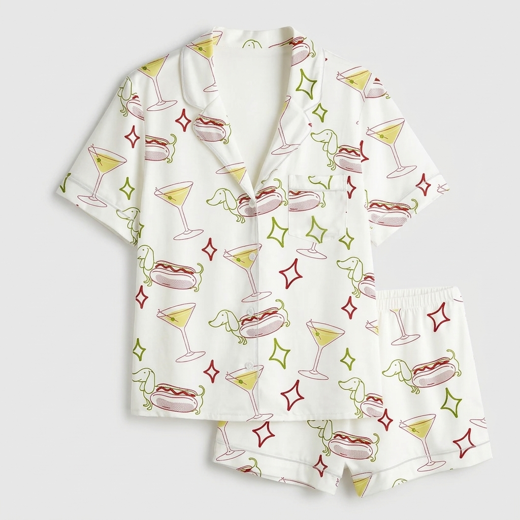 Women's satin pajama set with sketchy dachshunds, loaded hot dogs and olive martinis on white - flat lay