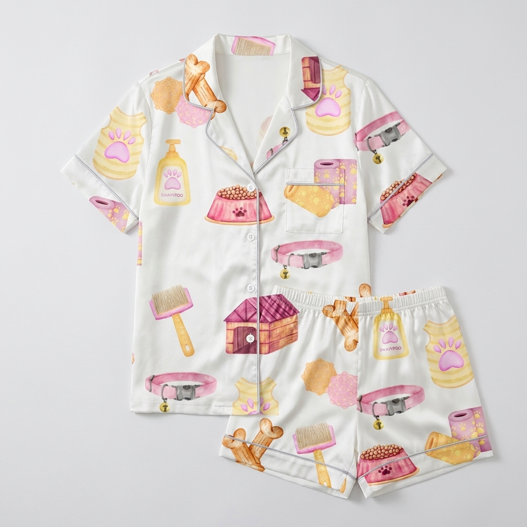 Women's satin pajama set printed DOG MOM with bones, treats, bowls and a pink doghouse on white - flat lay