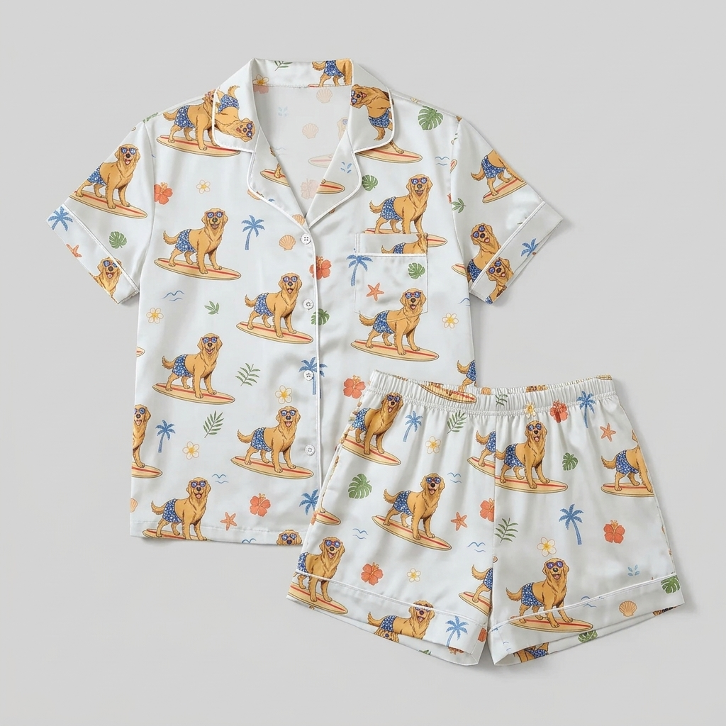 Women's satin pajama set with golden retrievers surfing among palm trees and hibiscus - flat lay