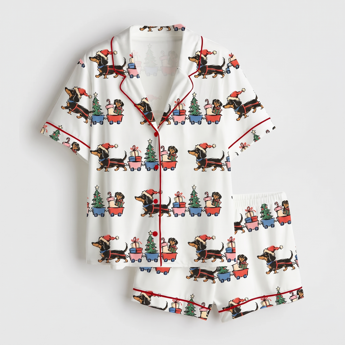 Dachshund Christmas Train Women's Pajama Set - flat lay