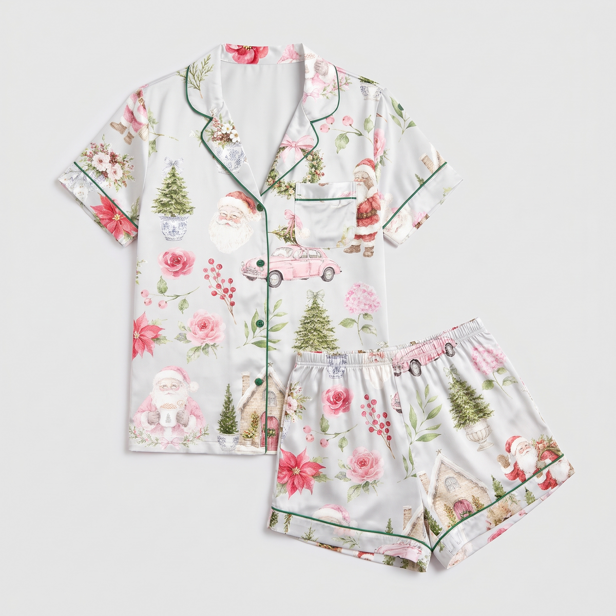 Pastel Santa & Wreaths Women's Pajama Set - flat lay