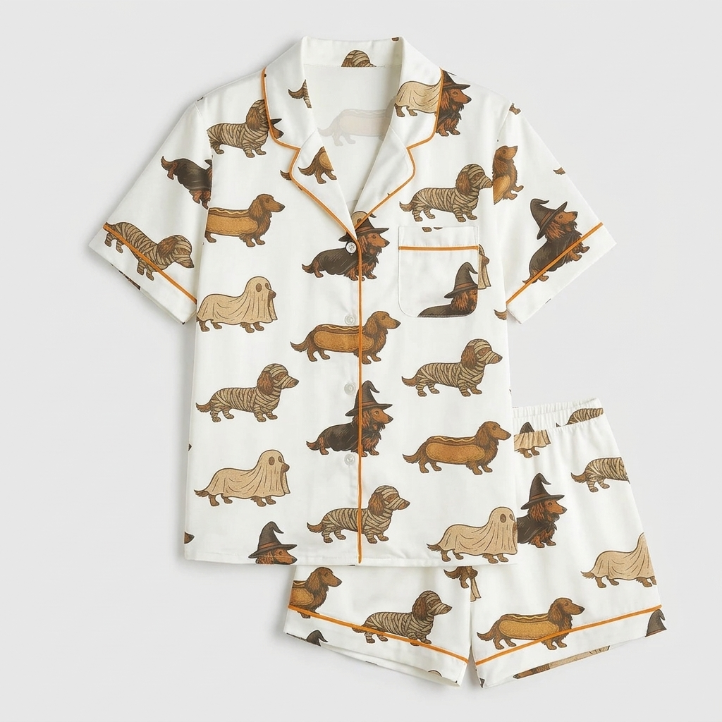 Women's satin pajama set with dachshunds dressed as ghosts, mummies and witches on creamy white with orange piping - flat lay