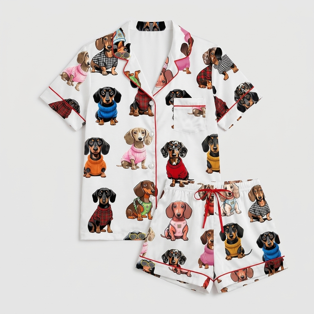 Women's long-sleeve satin pajama set with dachshund portraits in red, orange, blue and pink knits on white - flat lay