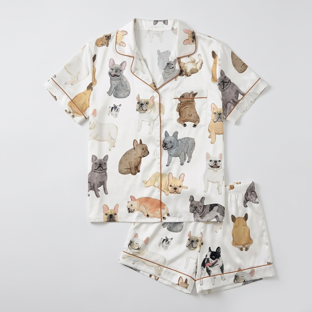 Women's satin pajama set with painted gray, fawn, white and black French bulldogs on white with copper piping - flat lay