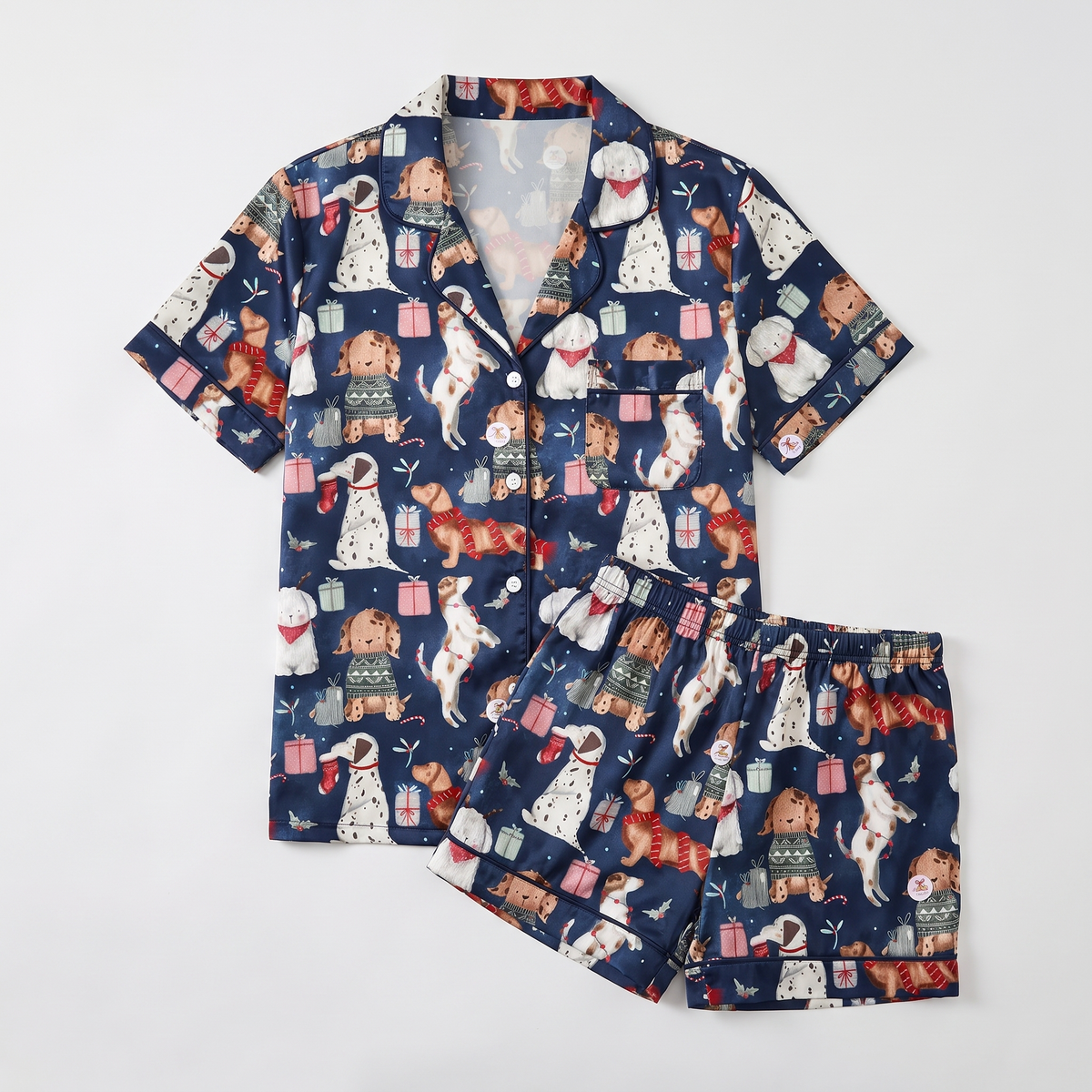 Navy Christmas Dogs Women's Pajama Set - flat lay