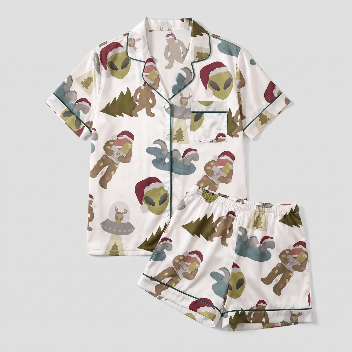 Alien & Bigfoot Christmas Women's Pajama Set - flat lay