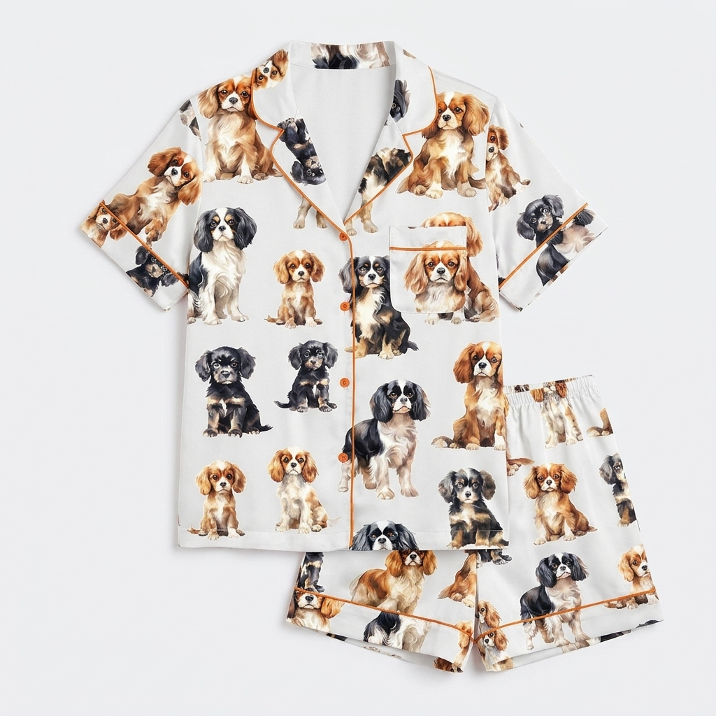Women's long-sleeve satin pajama set with Cavalier King Charles spaniels in ruby, tricolor and black-and-tan on white - flat lay