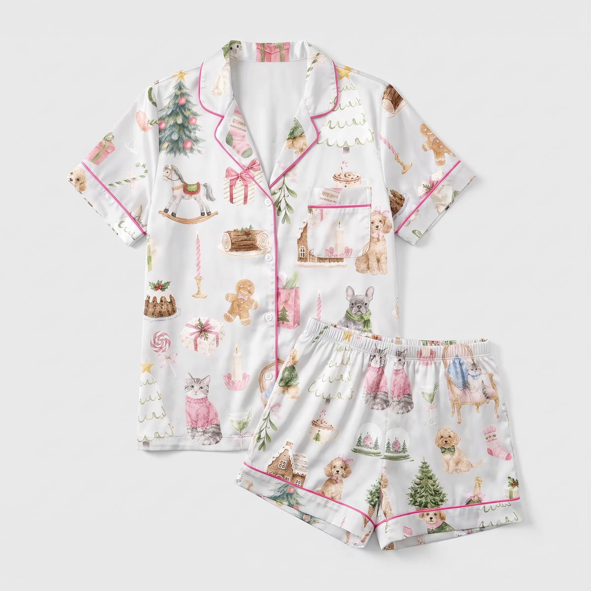 Watercolor Cats & Dogs Women's Pajama Set - flat lay