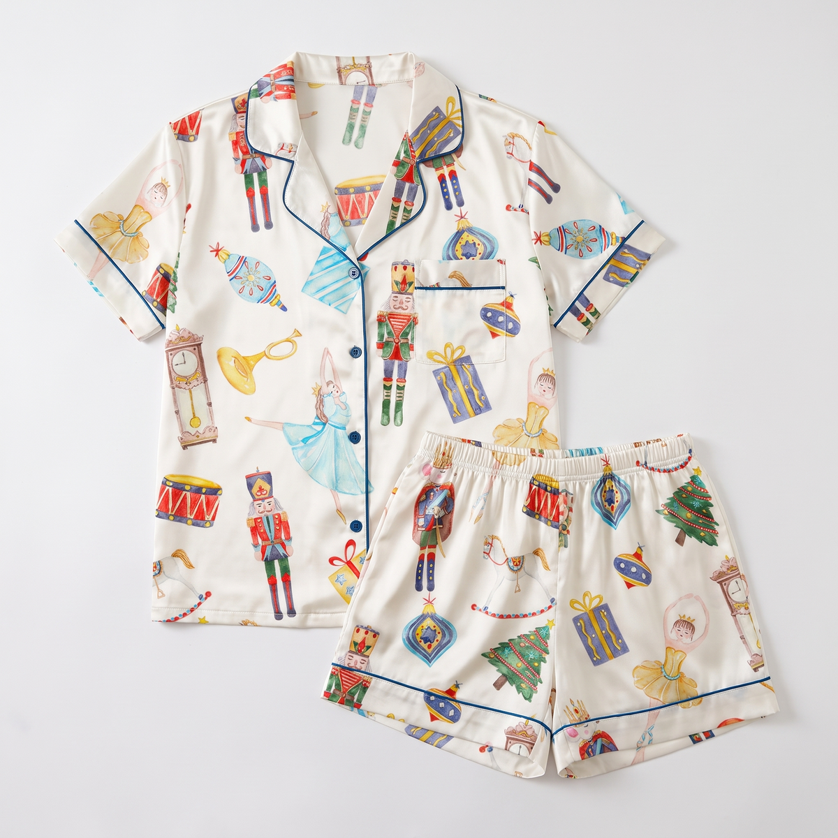 Blue Watercolor Nutcracker Women's Pajama Set - flat lay