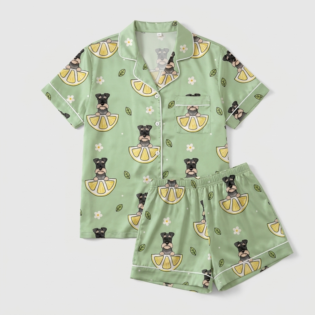Women's satin pajama set with bearded schnauzers on lemon slices and flowers on sage green - flat lay