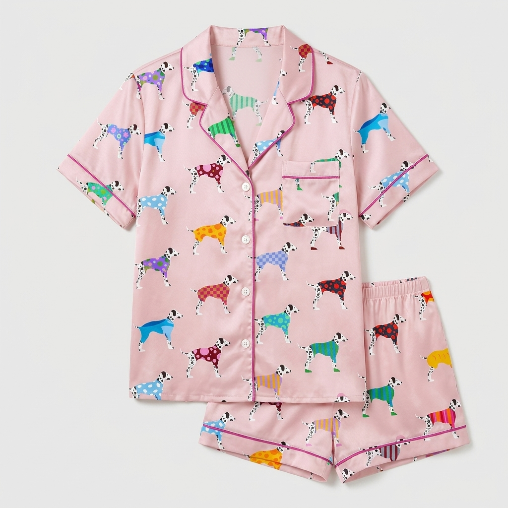 Women's satin pajama set with Dalmatians in rainbow polka dot and striped sweaters on blush pink with hot pink piping - flat lay