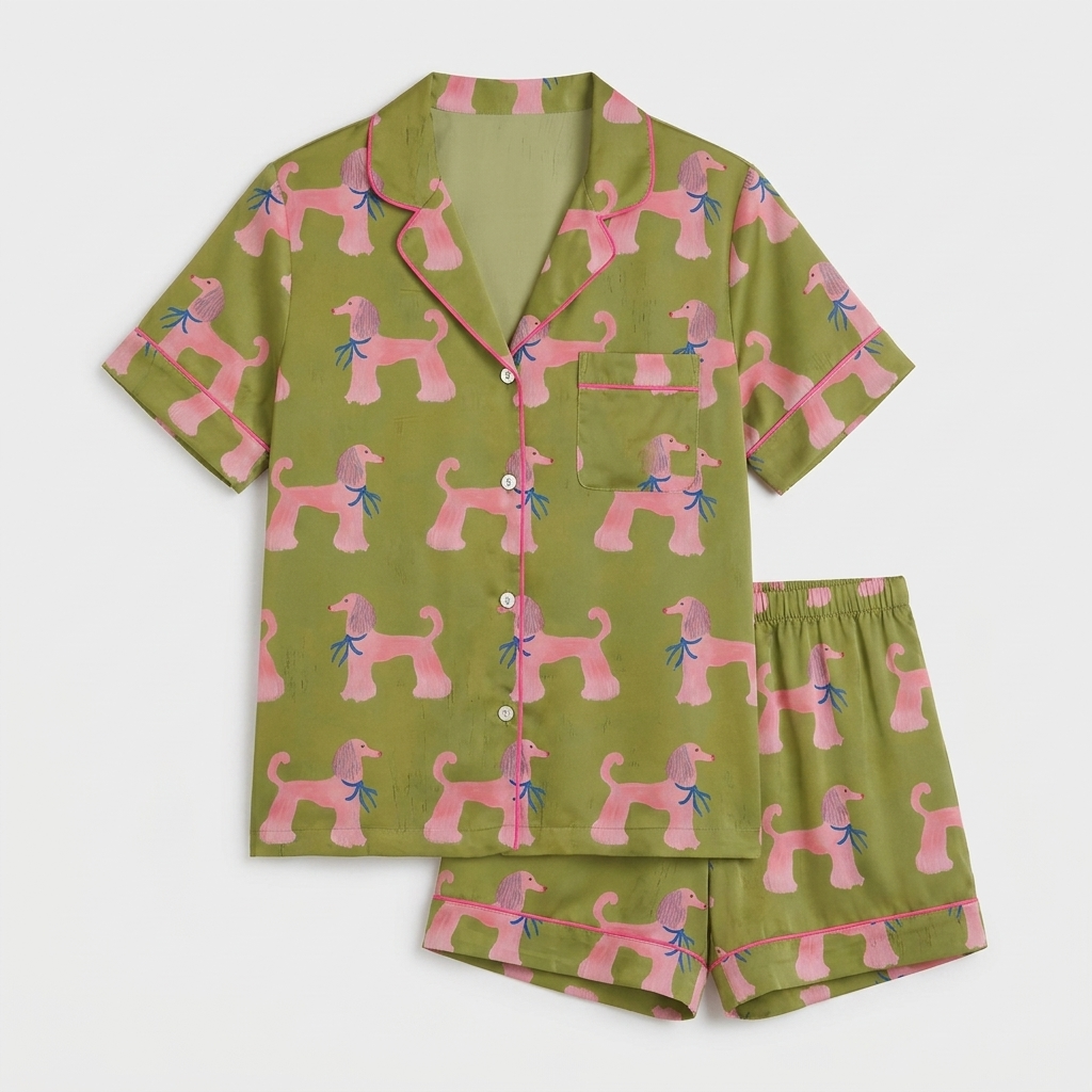 Women's satin pajama set with pink poodles in blue bow ties on olive green - flat lay