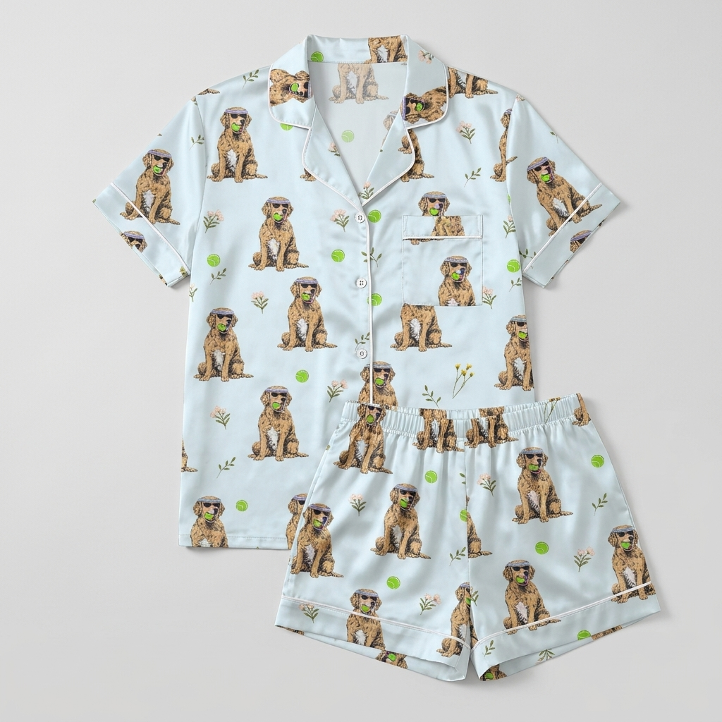 Women's satin pajama set with golden retrievers in visors with tennis balls on pale blue - flat lay