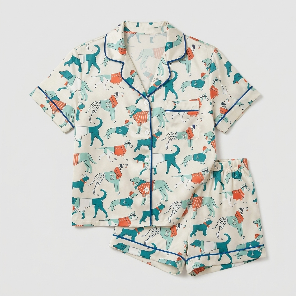 Women's satin pajama set with sleek teal dogs in coral and navy striped sweaters on soft cream - flat lay