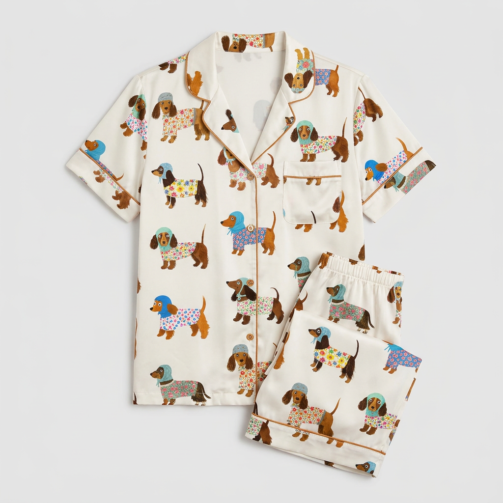 Women's long-sleeve satin pajama set with dachshund pups in flowered knits and blue bonnets on white - flat lay