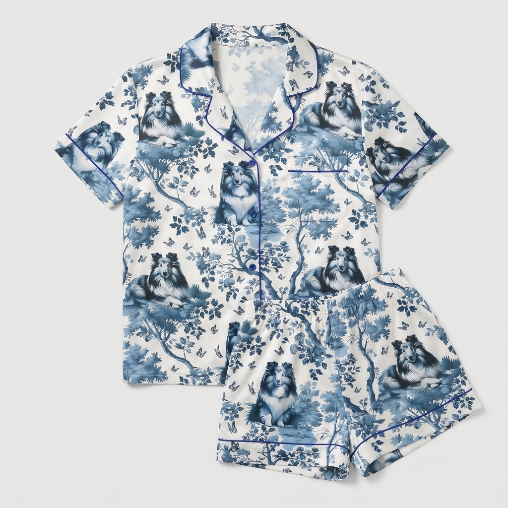 Women's satin pajama set with Shetland sheepdogs among blue-and-white toile trees and butterflies - flat lay