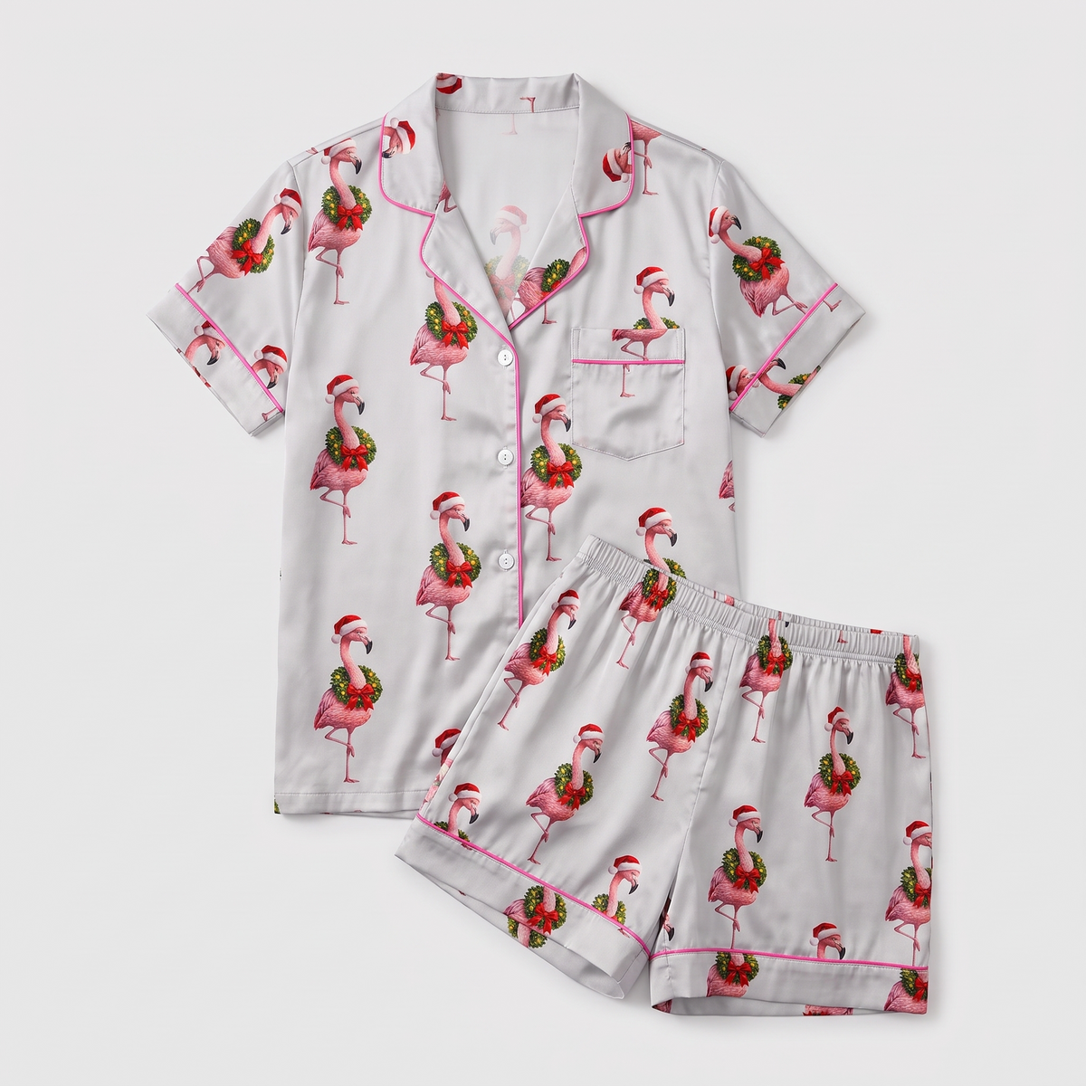Pink Flamingo Wreaths Women's Pajama Set - flat lay