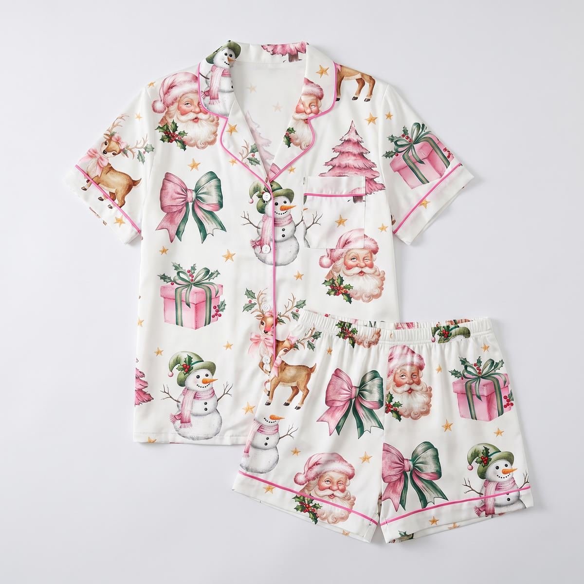 Pink Coquette Snowman & Reindeer Women's Pajama Set - flat lay