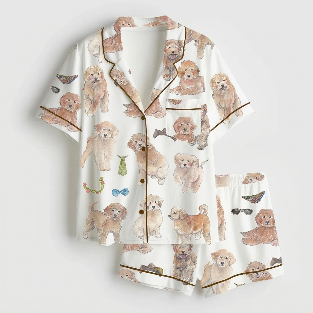 Women's satin pajama set with watercolor goldendoodle puppies in sunglasses and bow ties on white - flat lay