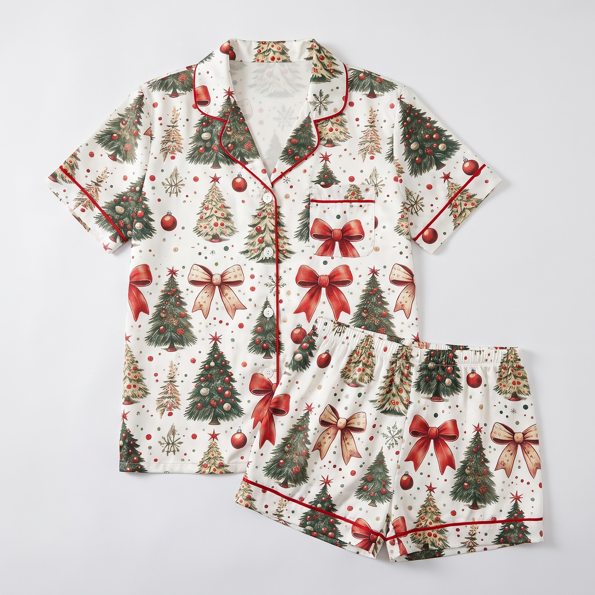 Trees & Red Bows Women's Pajama Set - flat lay