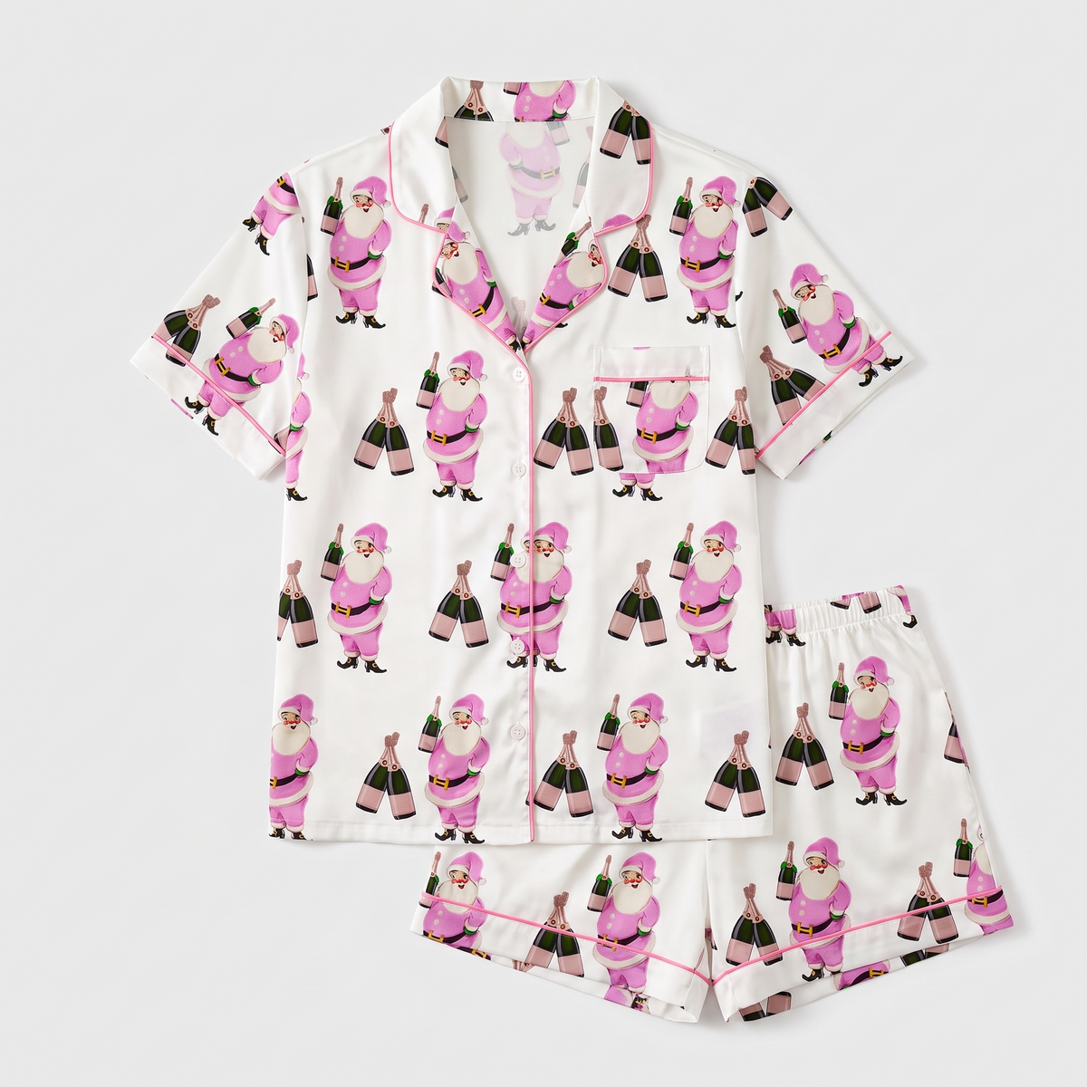 Pink Santa Champagne Women's Pajama Set - flat lay