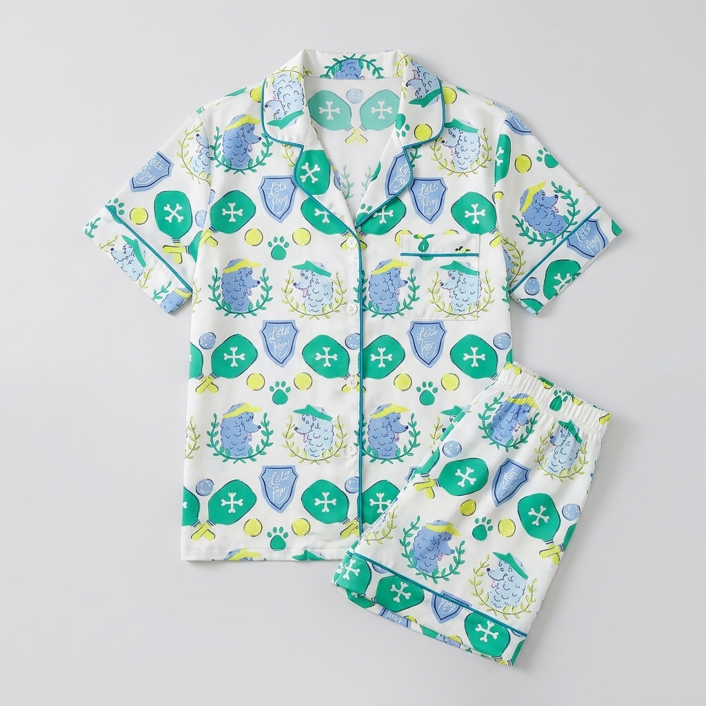 Women's satin pajama set with laurel-wreathed poodles in sun visors with paddles and balls on white - flat lay