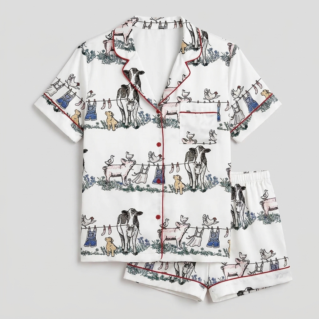 Women's long-sleeve satin pajama set with dogs, cows, sheep and pigs in a pen-and-ink barnyard on white - flat lay