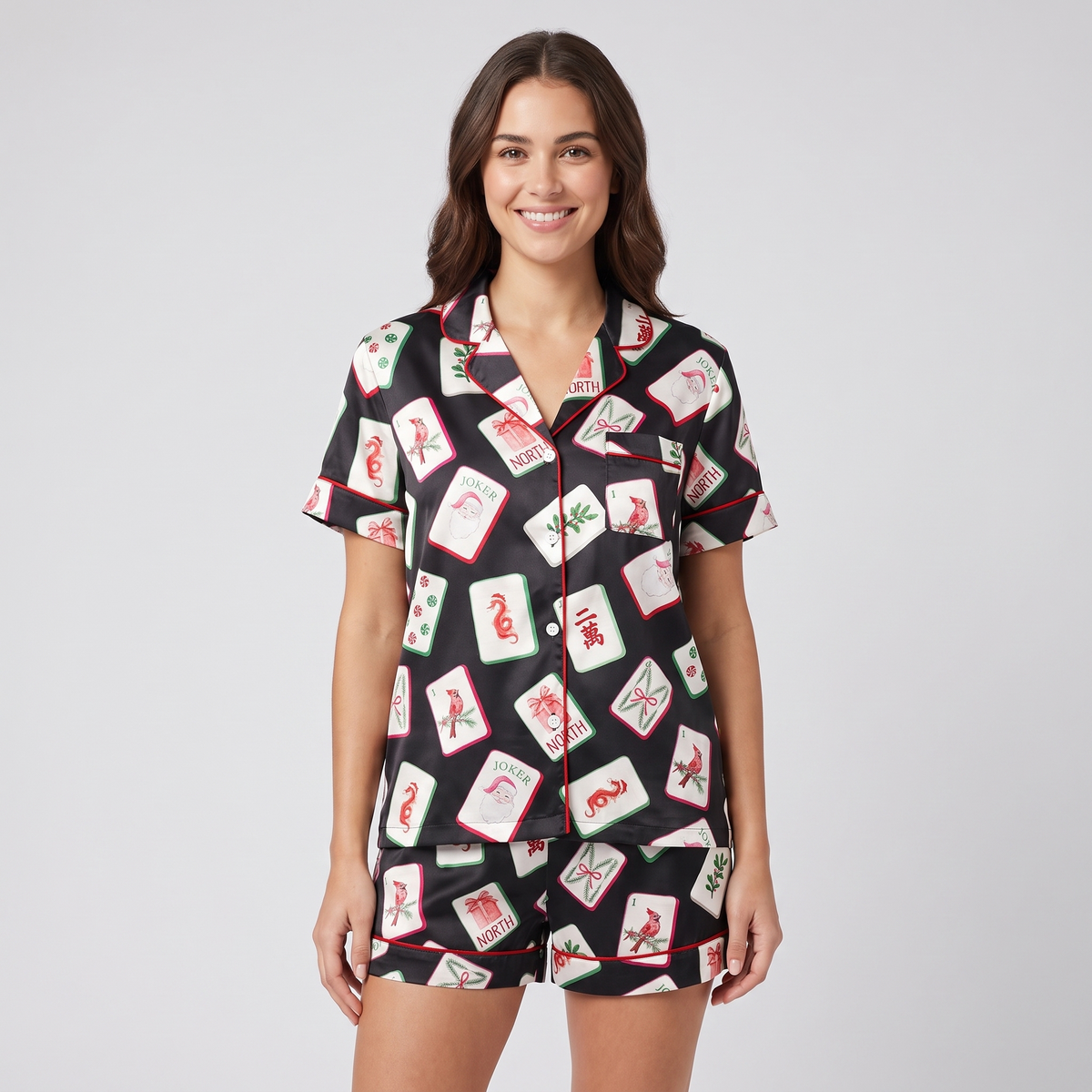 Watercolor Mahjong Women's Pajama Set - Black