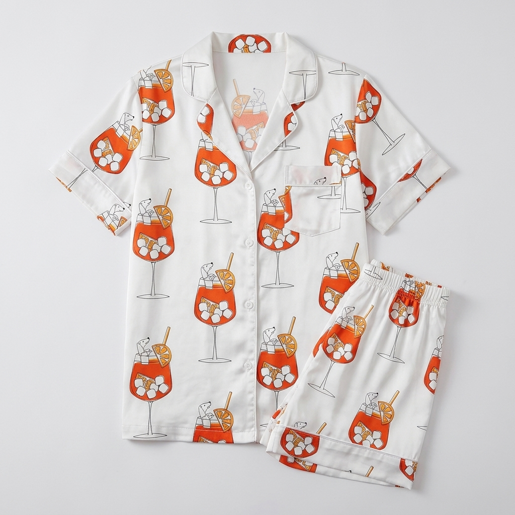 Women's satin pajama set with dachshunds tucked into orange spritz glasses on crisp white - flat lay