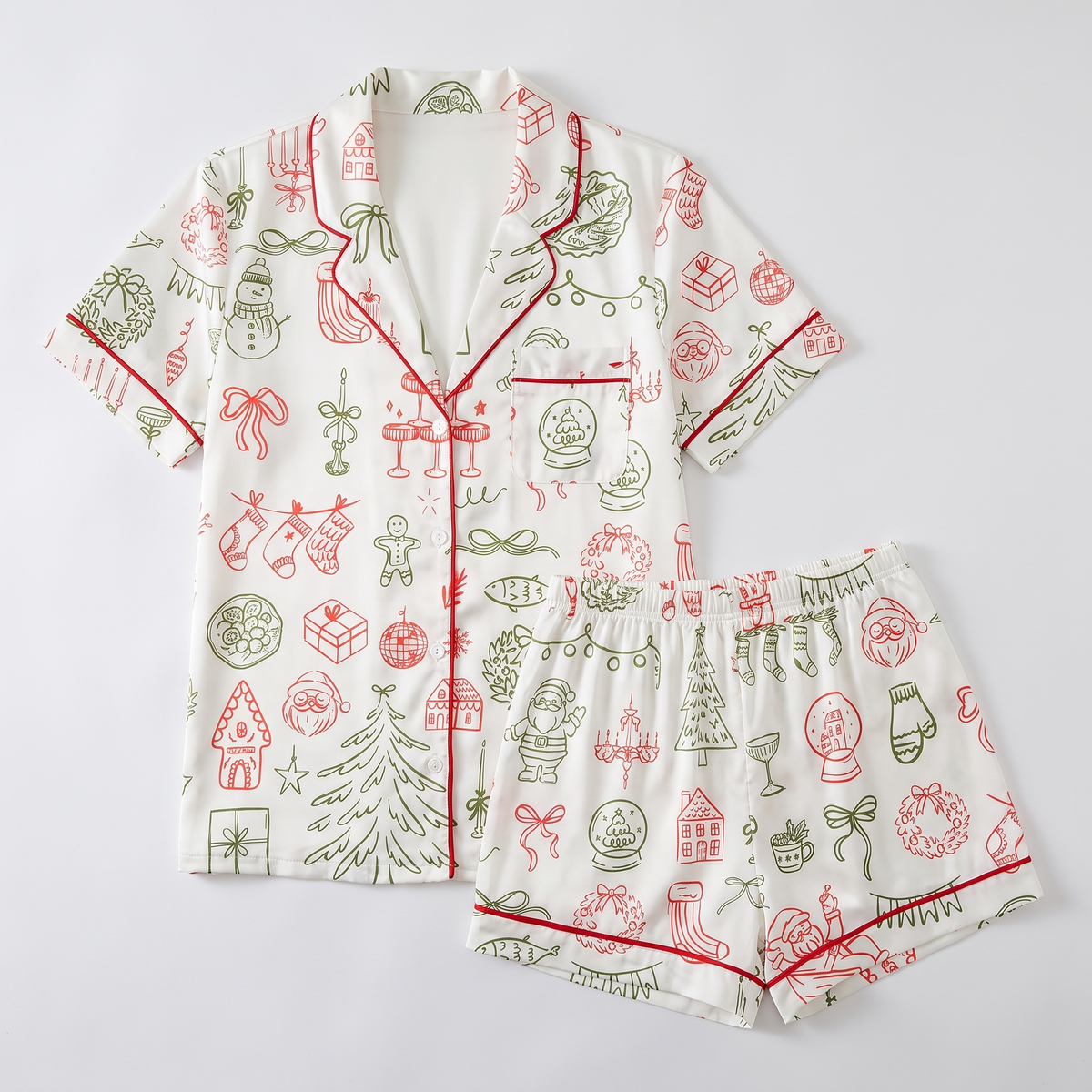 Christmas Line Art Red & Green Women's Pajama Set - flat lay