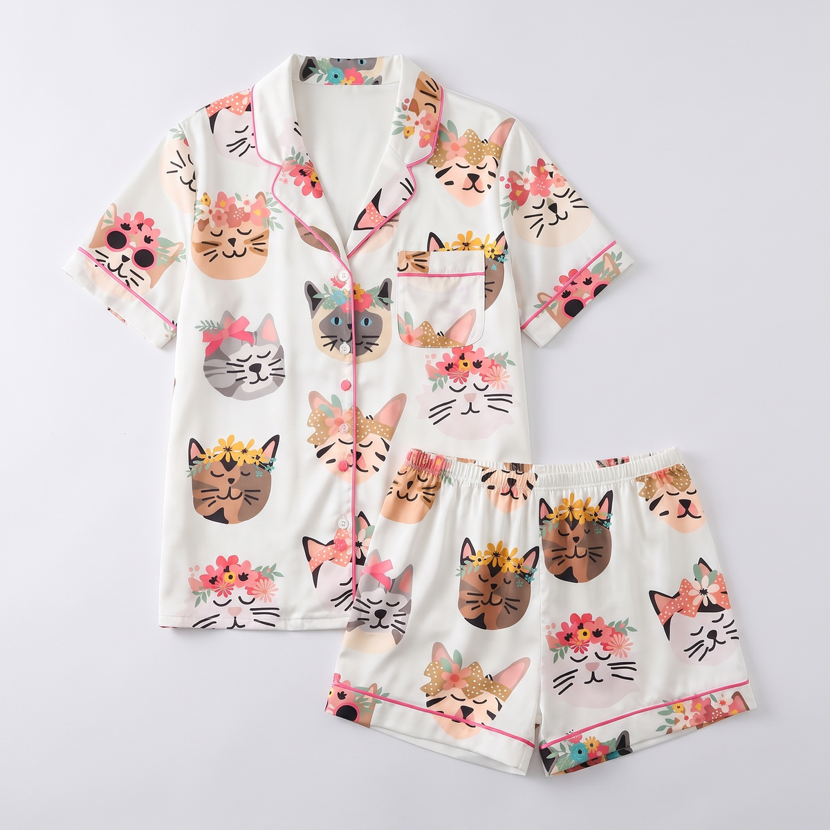 Flower Crown Cats Women's Pajama Set - flat lay