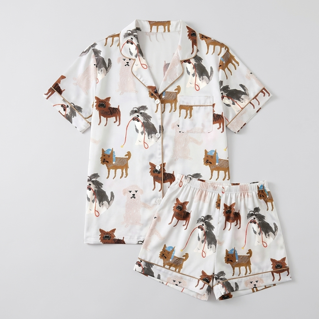 Women's satin pajama set with small dogs in knit caps and sweaters trailing red leashes on white - flat lay