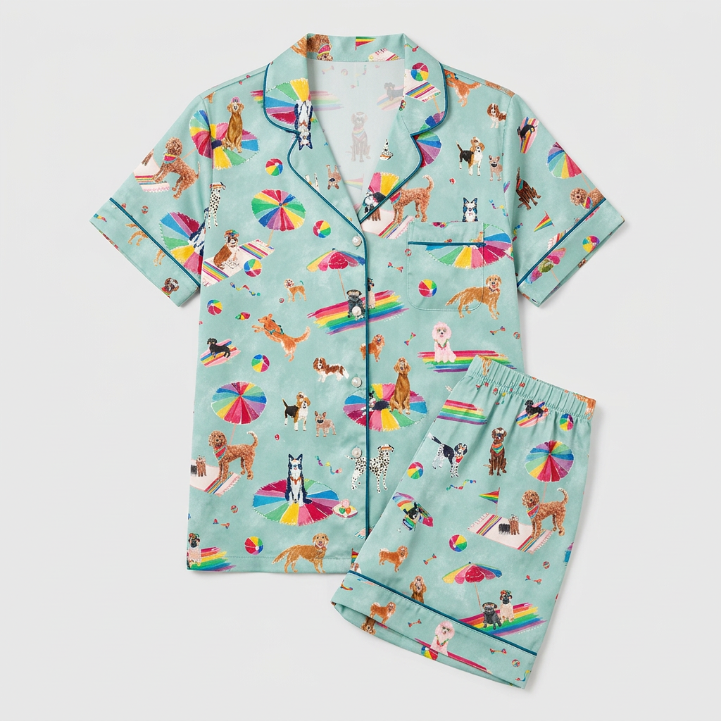 Women's satin pajama set with retrievers and beagles on rainbow beach umbrellas on seafoam green - flat lay