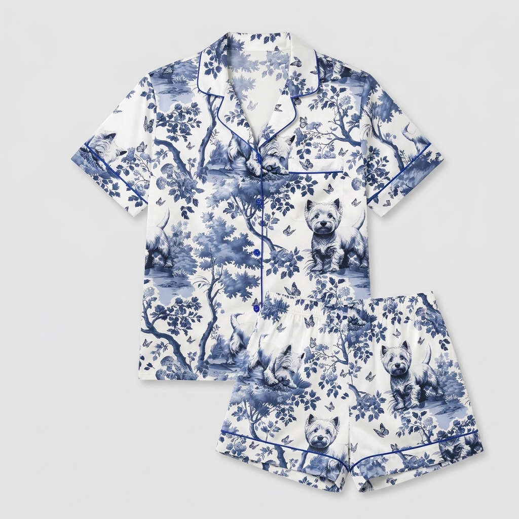 Women's satin pajama set with West Highland White Terriers in navy blue toile with branches and butterflies on white - flat lay