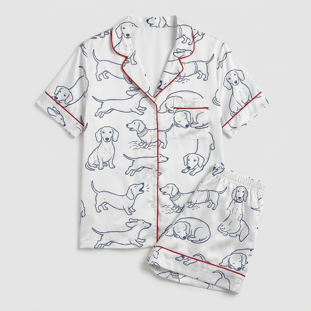 Women's satin pajama set with navy line-drawn dachshunds with red script on white - flat lay