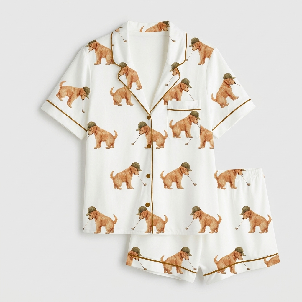 Women's satin pajama set with golden retriever puppies in tweed flat caps swinging golf clubs on white - flat lay