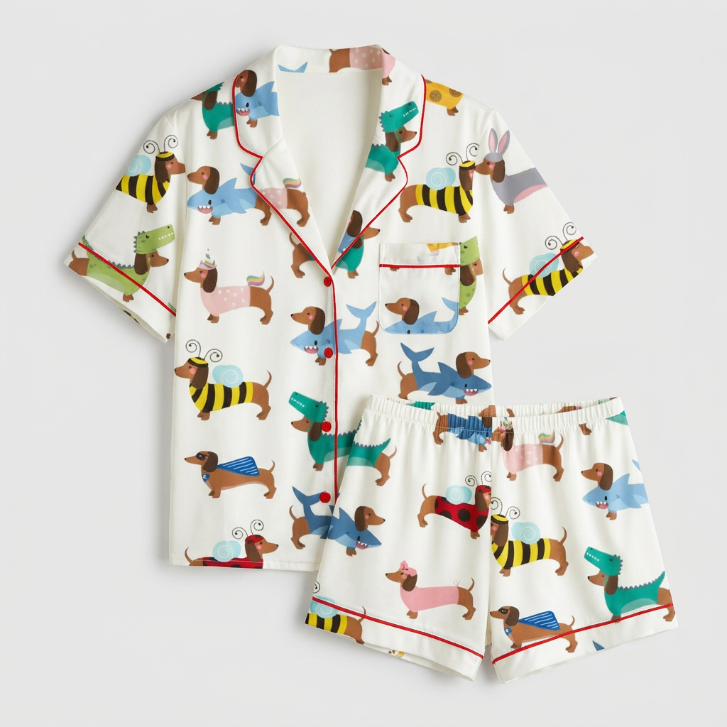 Women's satin pajama set with dachshunds in shark, bumblebee, ladybug and bunny costumes on white - flat lay