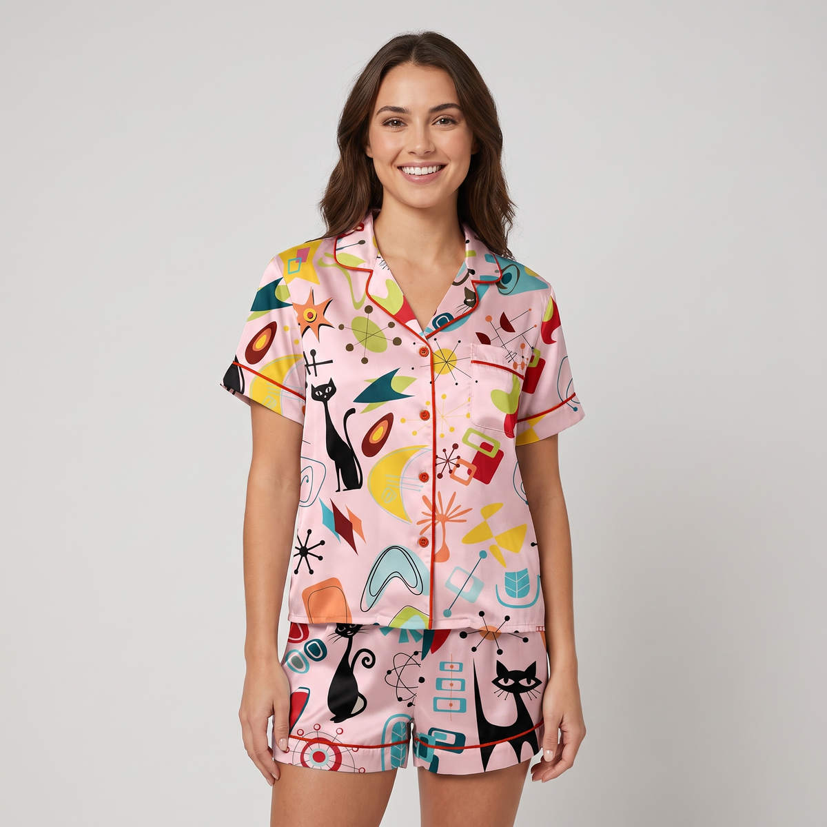 Atomic Age Cats Women's Pajama Set - Pink